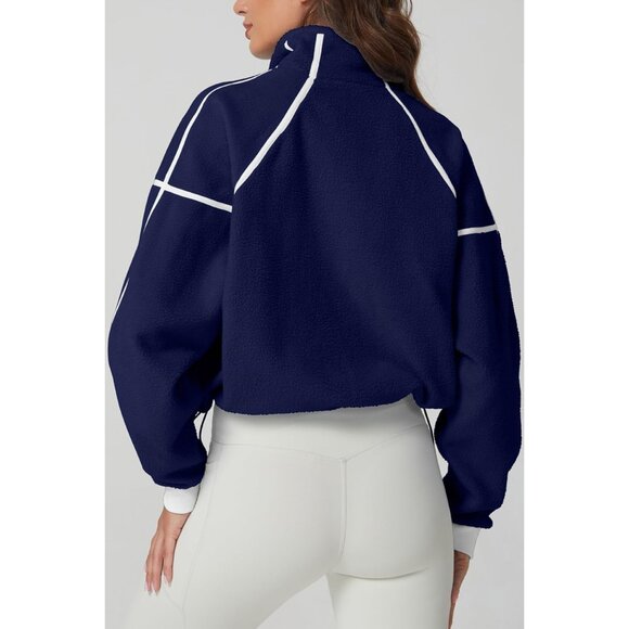 Women's Navy Half Zip Fleece Short Pullover Long Sleeve Cozy Sherpa Sweater - Picture 2 of 6